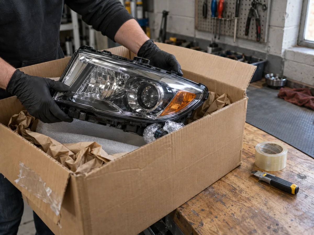 A car headlight unit packed in a box, ready to be shipped for repair by mail